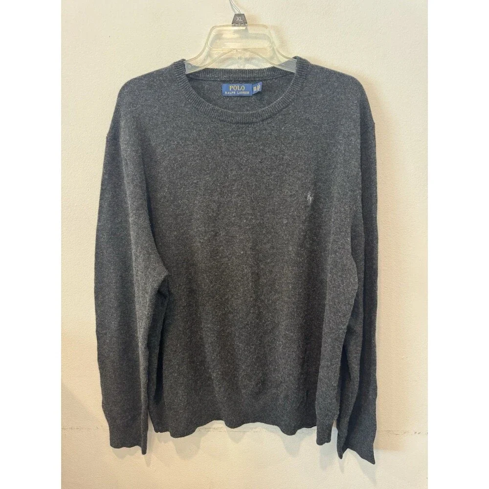 Polo Ralph Lauren Mens XXL Grey Italian Yarn Merino Wool Crew Neck Sweater Pony